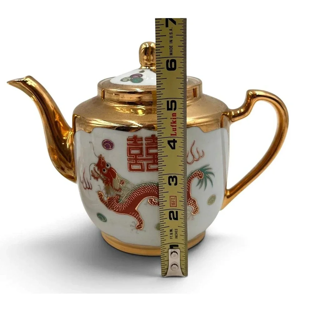 NOS Vintage Chinese Wedding Tea Set Dragon Phoenix Gold Original Box 10 Pc